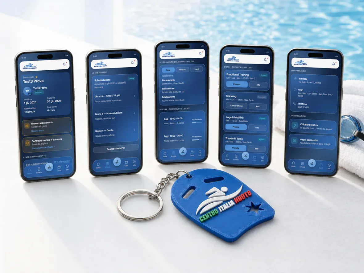 Mockup app Centro Italia Nuoto con dispositivi e schermate