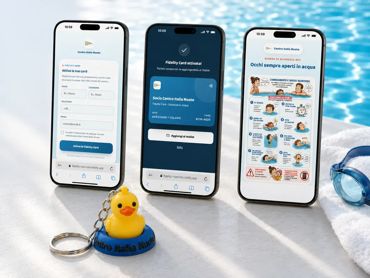 Mockup sicurezza in acqua con tre schermate e paperella NFC