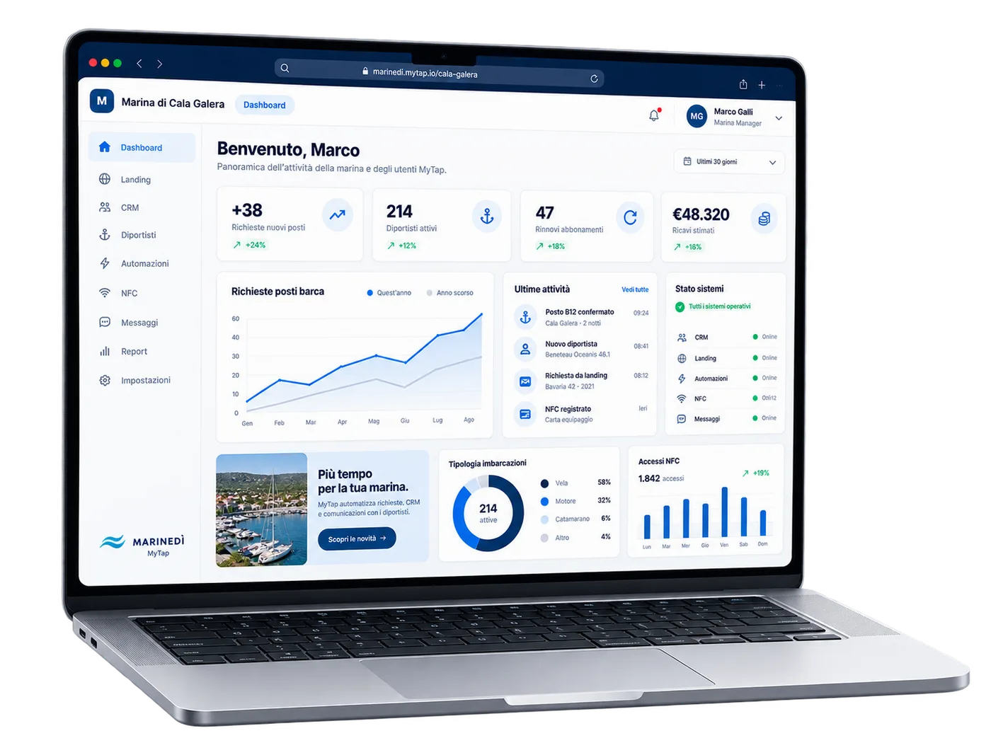 Laptop con dashboard Marinedì per la gestione della marina