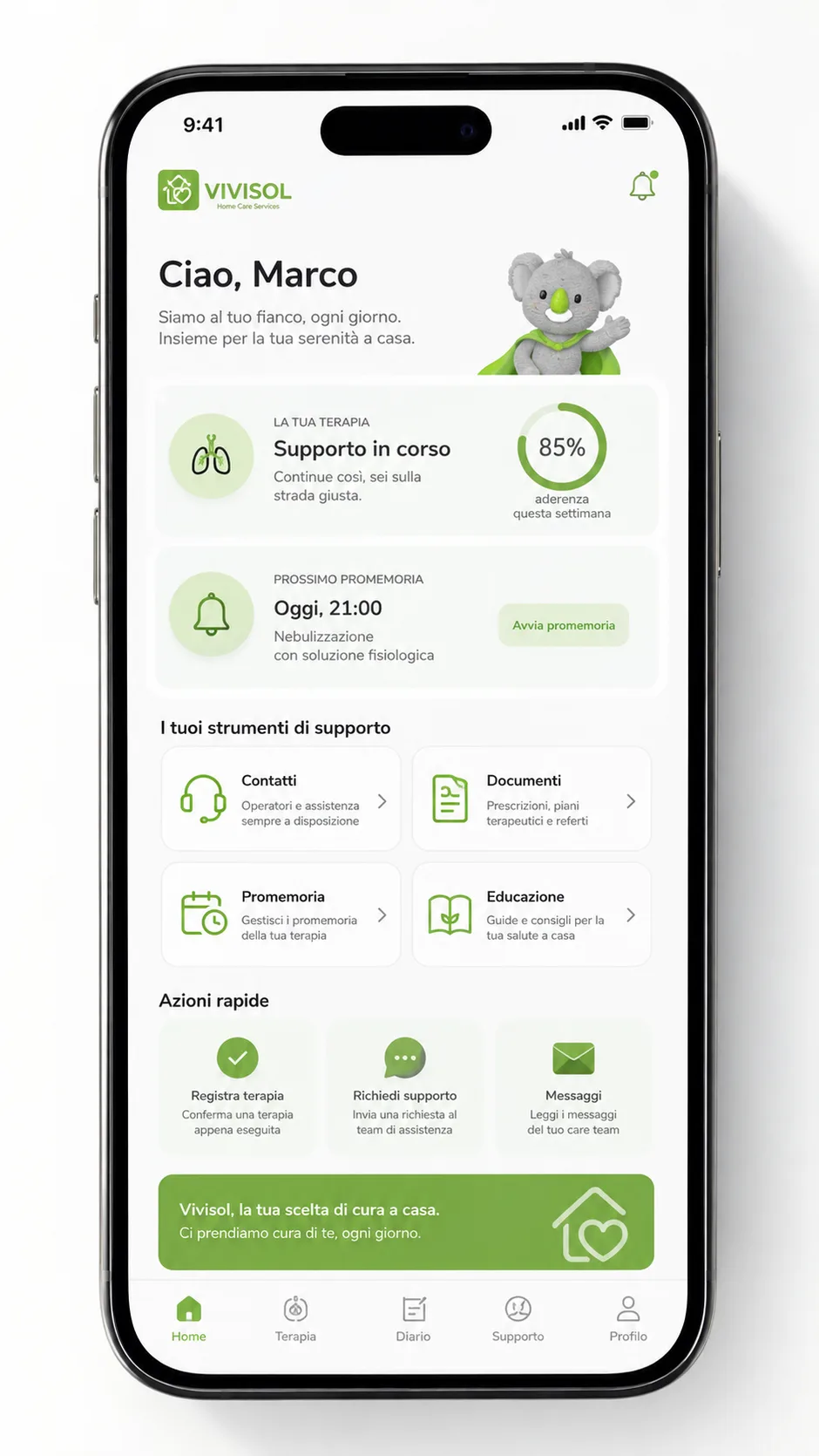Concept app Vivisol schermata home