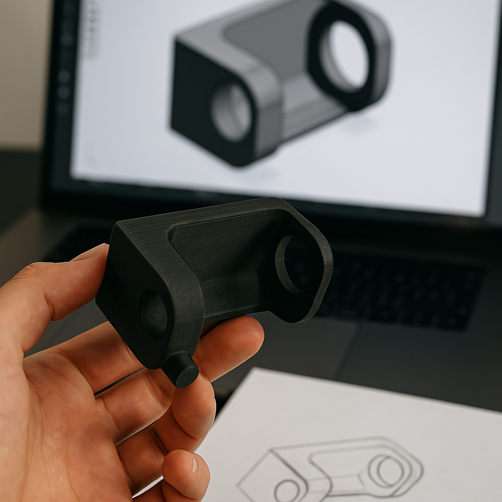 Fase di progettazione di un gadget aziendale stampato in 3D, con modello digitale e oggetto fisico.