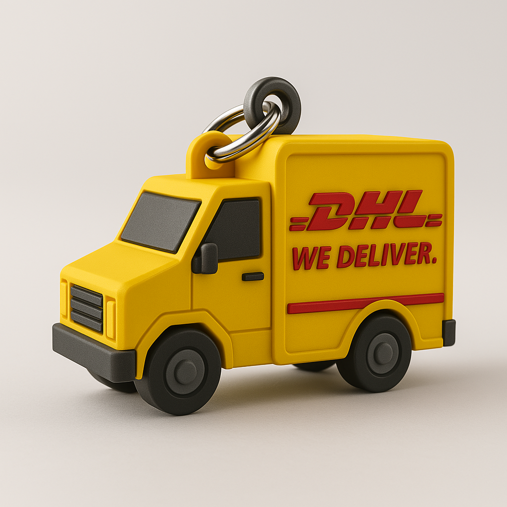 Camion promozionale in miniatura stampato in 3D per un’azienda di trasporti, con dettagli personalizzati.