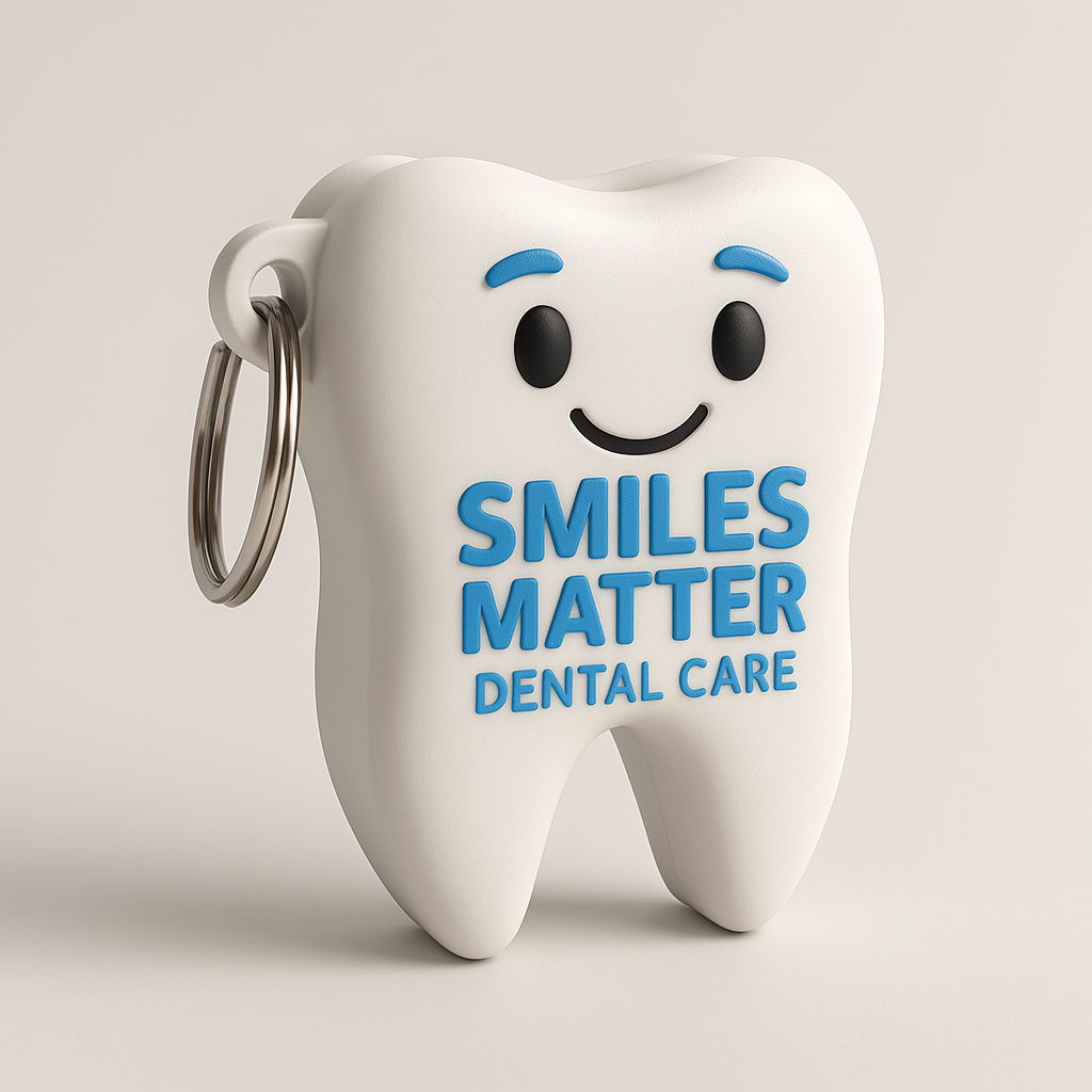 Portachiavi stampato in 3D a forma di dente, progettato per uno studio dentistico, con scritta personalizzata.