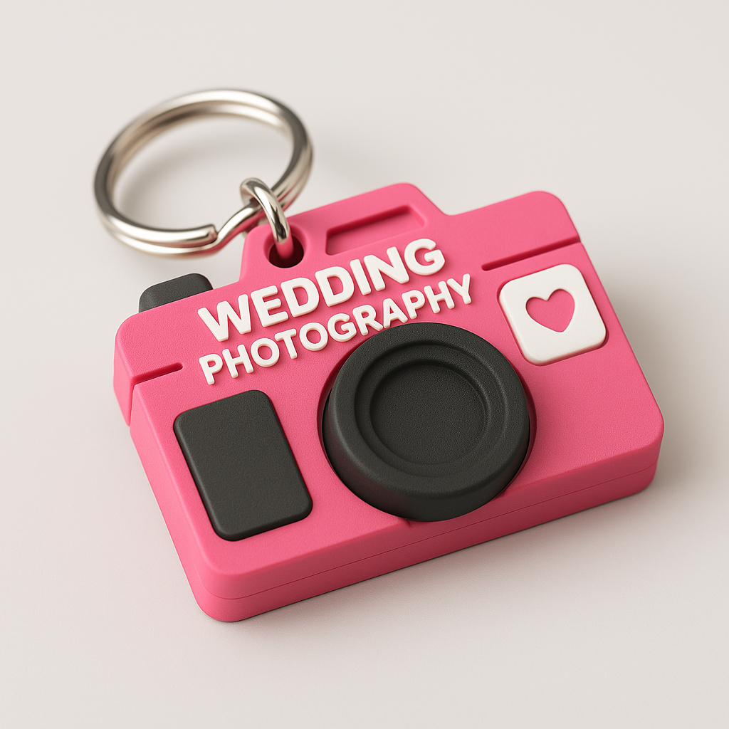 Portachiavi promozionale in 3D a forma di macchina fotografica, brandizzato per un fotografo di matrimoni.