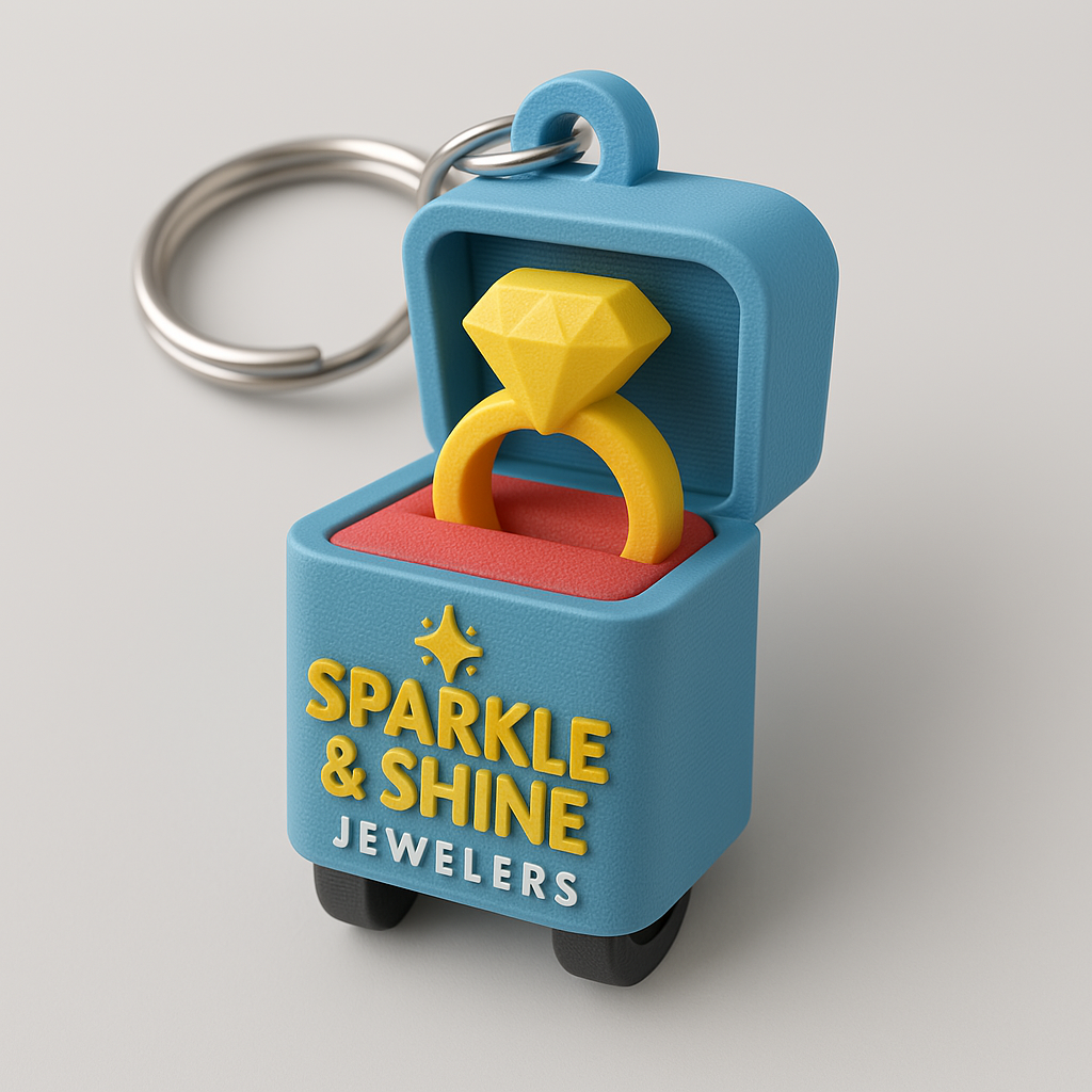 Portachiavi 3D personalizzato a forma di anello con diamante, progettato per un brand di gioielleria, con scritte e dettagli realistici.
